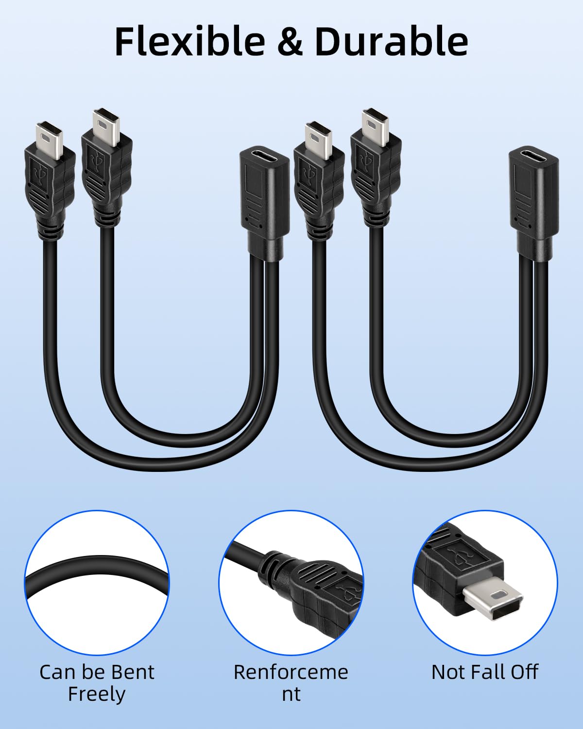 Thumbnail 6 de RIIEYOCA Short USB C Female to Dual Mini USB Male Charging Cable (1FT, 2-Pack) – Charging Only