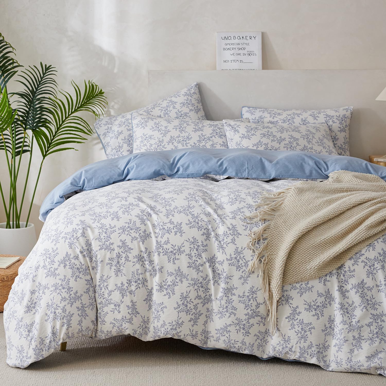 Detalle de TISPLR King Comforter Set Floral Soft 3 Pieces in Blue Garden Print