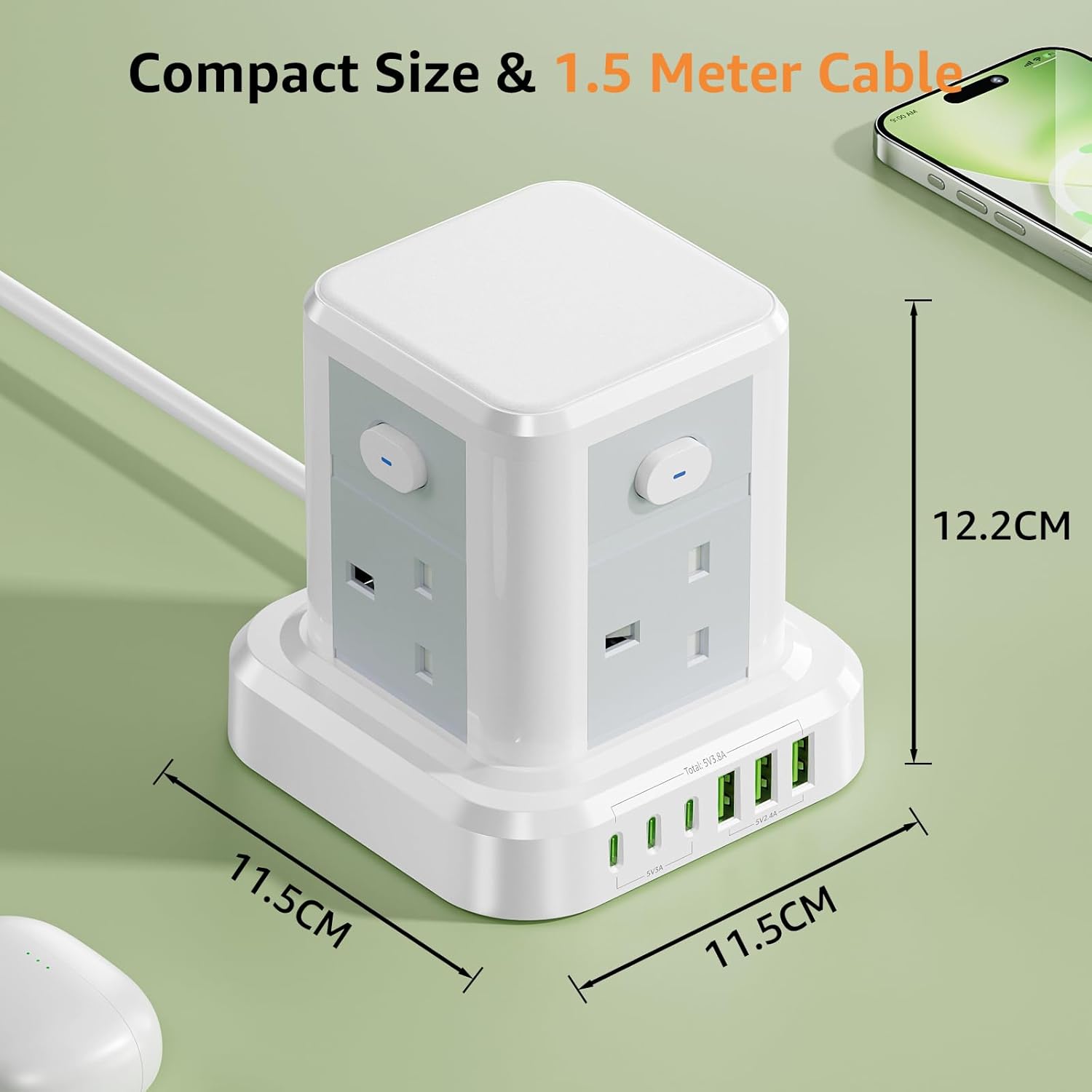 Thumbnail 6 de Cube Extension Lead with USB Slots: 4-Way Tower Power Strip with 6 USB Ports