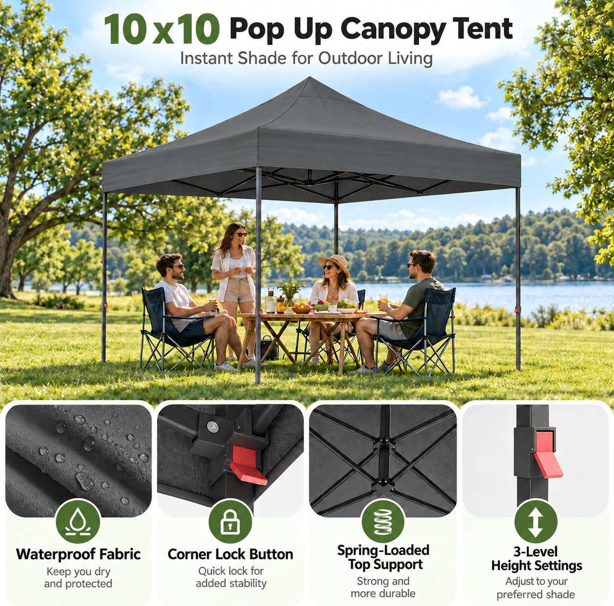 Detalle de Aoxun 10x10 Pop-Up Canopy Tent, Gray, 420D Oxford Fabric with Wheeled Bag