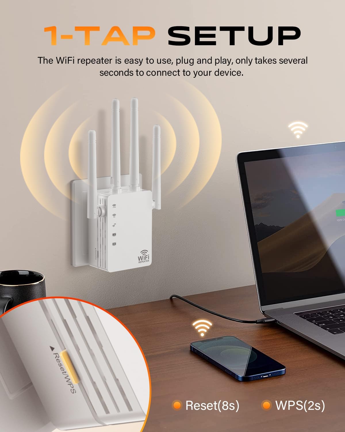Detalle de WiFi Extender Signal Booster Dual Band 5GHz/2.4GHz with 12880 Sq.ft Coverage and 4 Antennas