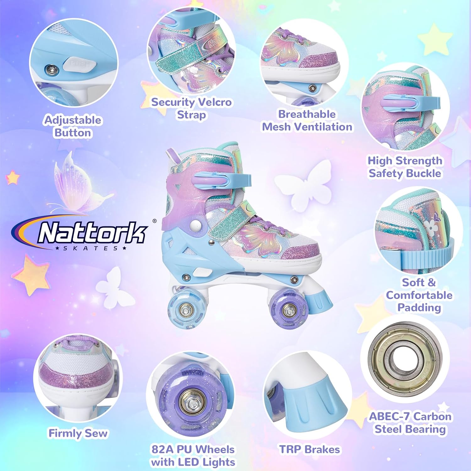 Thumbnail 2 de Nattork Kids Roller Skates (Adjustable 4-Size Quad Skates) with Light-Up Wheels