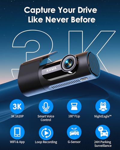 Detalle 2 de KAWA 3K Dash Cam Front, 360°Rotation, Voice Control, Wi‑Fi Dashcam for Cars