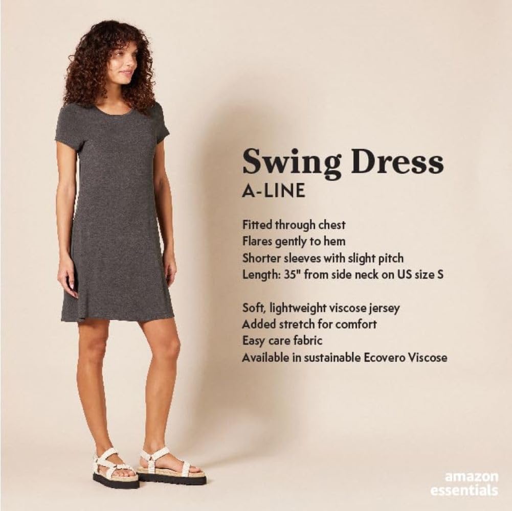Detalle 2 de Amazon Essentials Women's Short-Sleeve Scoop Neck A-line Swing Dress (Plus Size Available)
