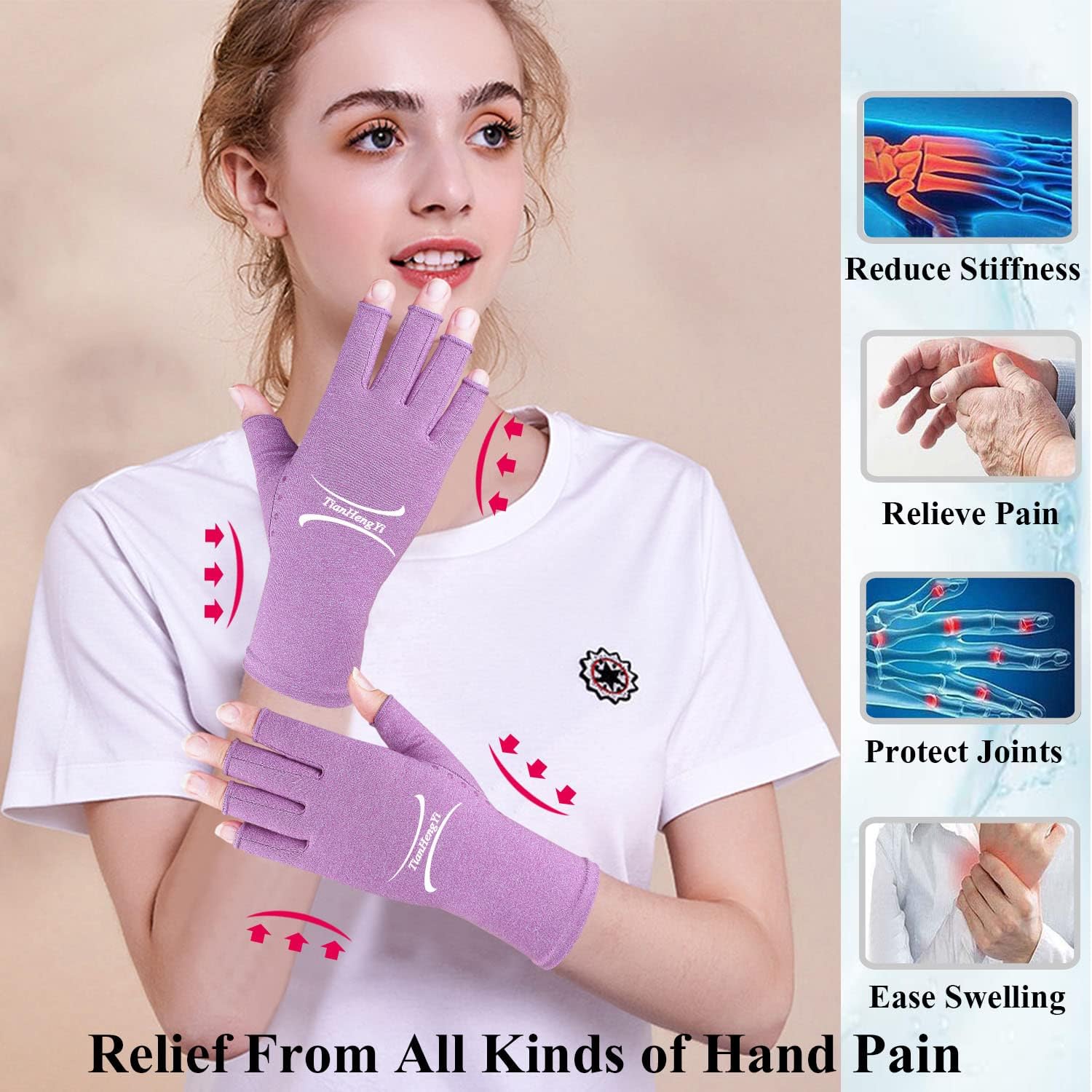 Thumbnail 4 de Tianhengyi Arthritis Gloves, Fingerless Compression Gloves, Medium, Black & Purple