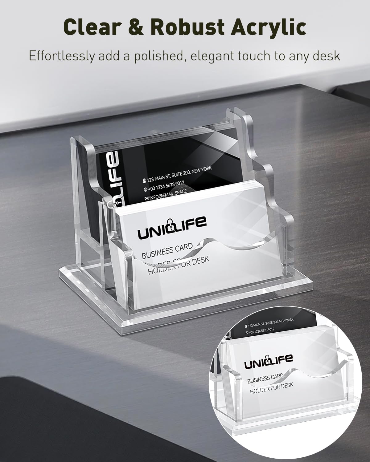 Thumbnail 1 de Uniclife porte-cartes de visite horizontal transparent en acrylique, 2 emplacements (jusqu’à 120 cartes) pour bureau
