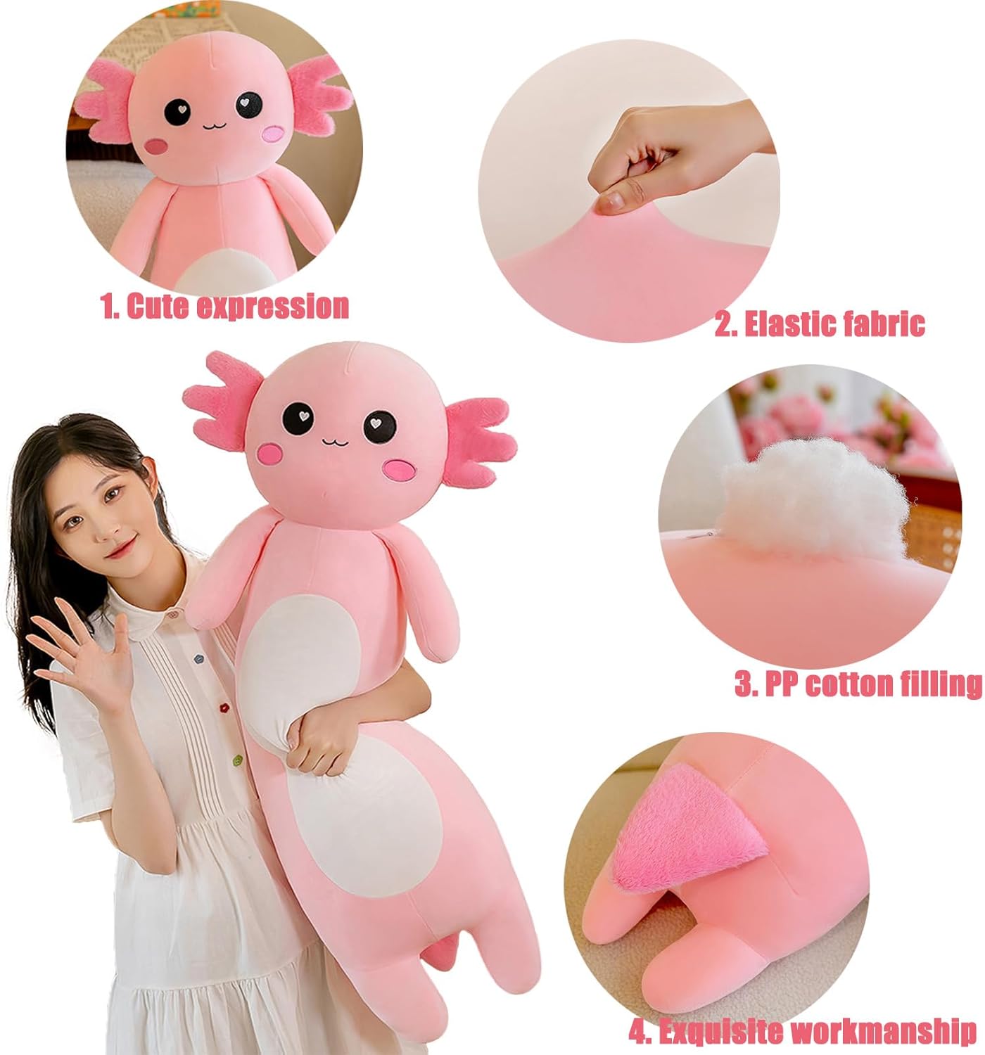 Detalle de Aiuidun Long Axolotl Plush Pillow (100cm) – Soft Pink Axolotl Body Pillow