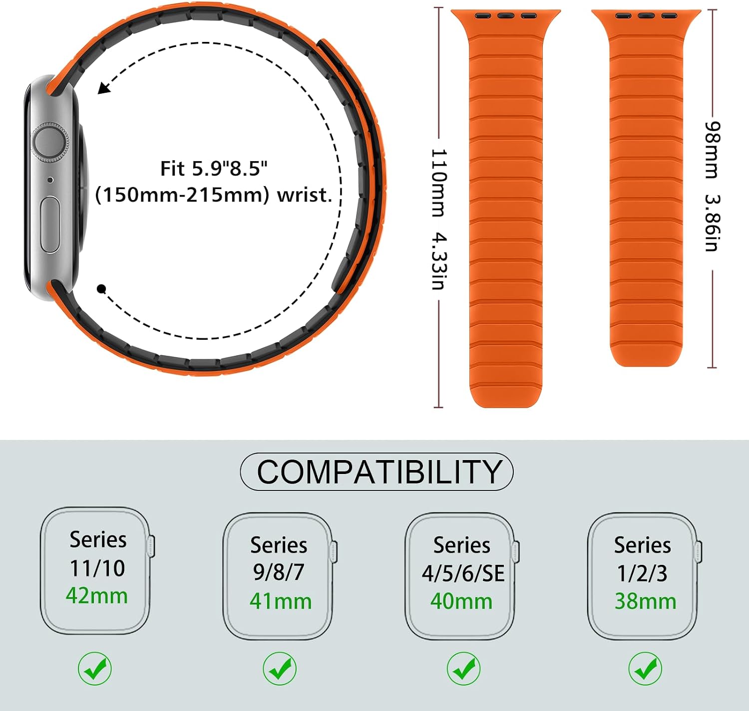 Detalle de Sixmoat Magnetic Silicone Strap for Apple Watch 38–42mm (Orange-Black) – 11/10 Series Compatibility