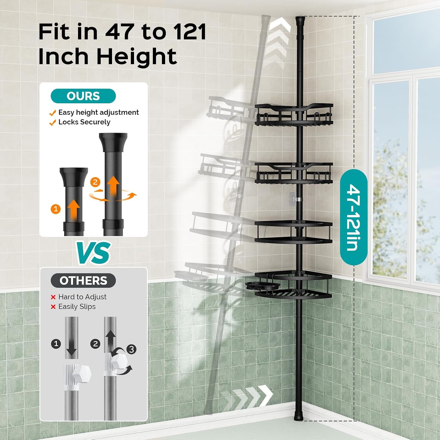 Detalle 2 de HAMITOR SCT05 Corner Shower Caddy, 4-Tier Adjustable Tension Pole, Black
