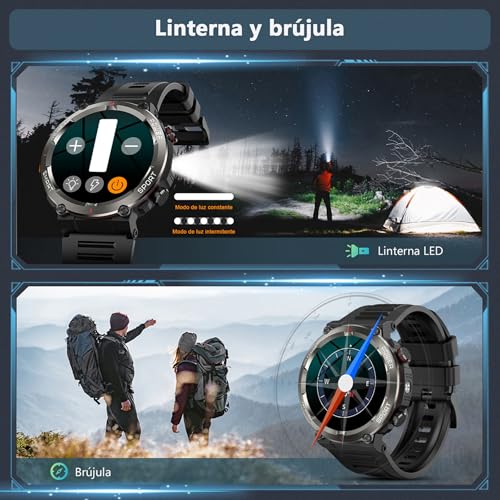 Detalle de Baolubao Reloj Inteligente Hombre con Linterna, Brújula y 2 Correas: resistencia militar y baterías de larga duración