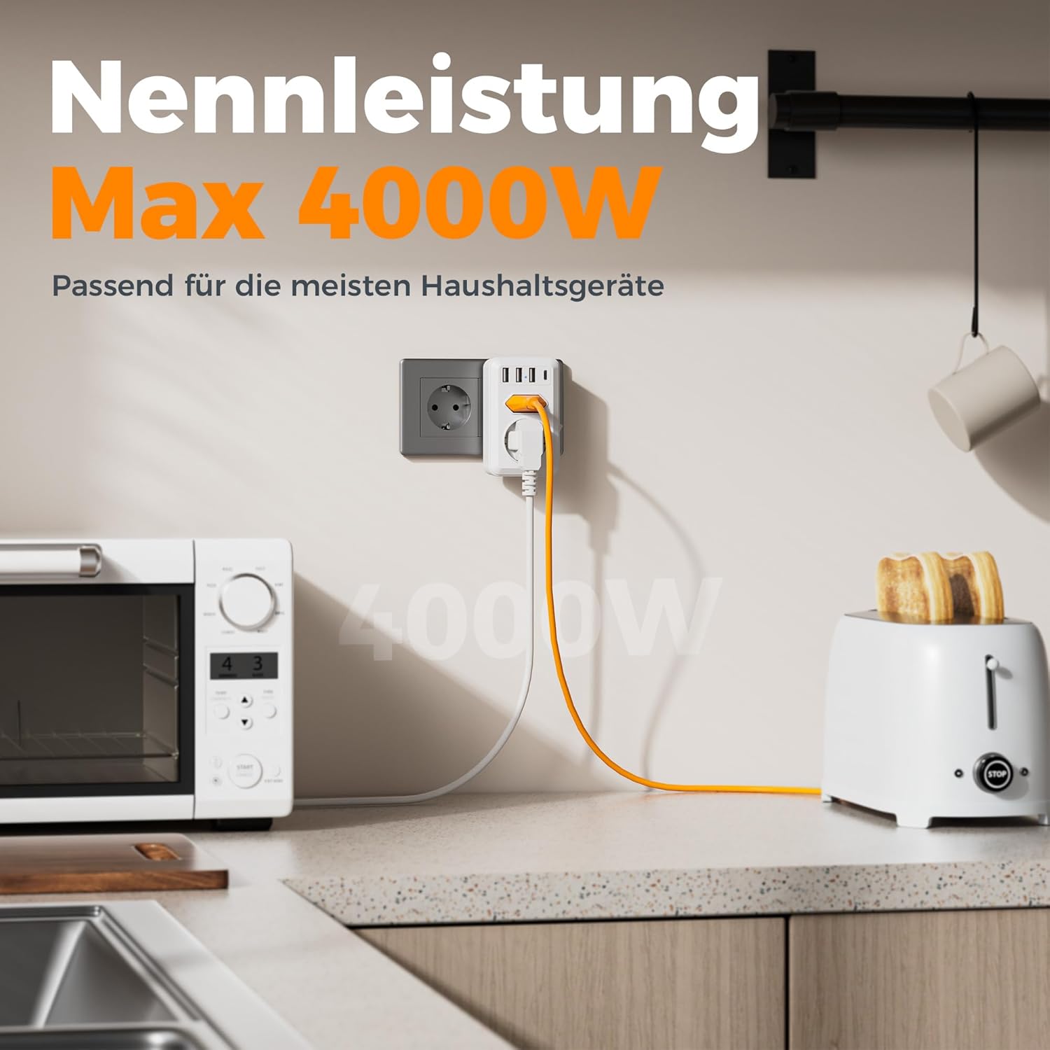 Thumbnail 6 de TESSAN Doppelstecker für Steckdose mit 4 USB-Anschlüssen – 2-fach Steckdosenadapter mit Schalter, 4000W, USB-C & USB-A