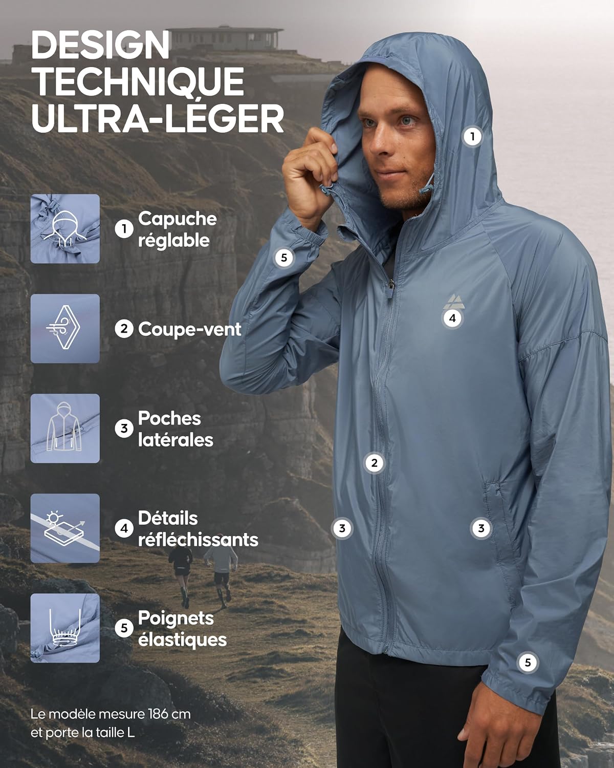 Thumbnail 1 de Danish Endurance veste coupe-vent homme ultra-légère et respirante, capuche ajustable