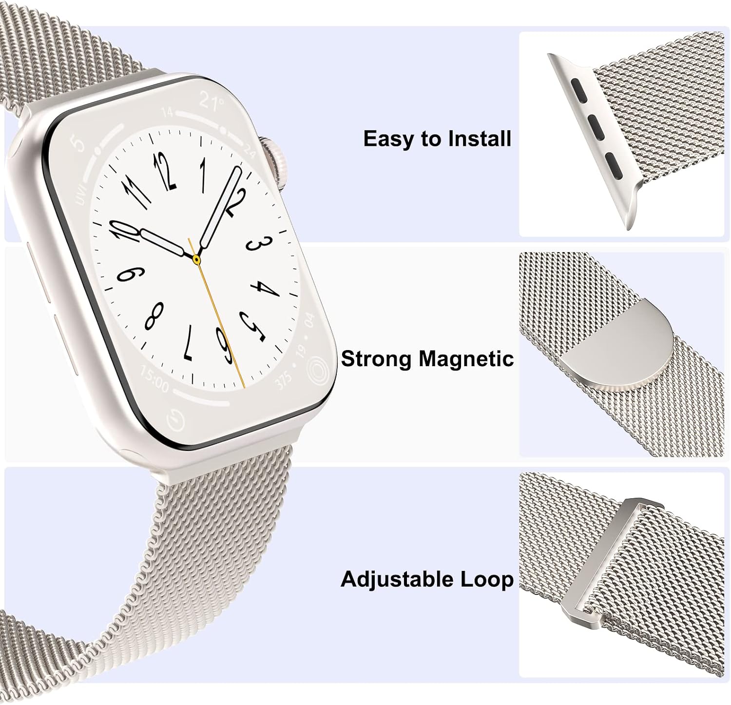 Detalle de STEEZRD 3-Pack Stainless Steel Mesh Magnetic Apple Watch Bands