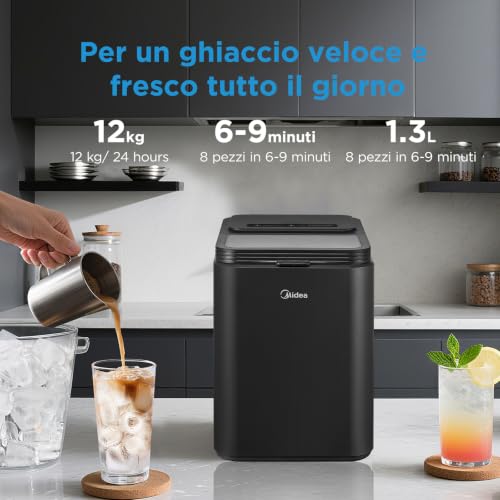 Detalle de Midea MERI12BG30EU Macchina Ghiaccio 12kg/24h, 8 Cubetti in 6–9 Minuti, Nero