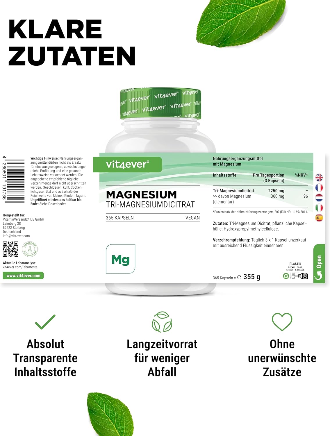 Thumbnail 4 de vit4ever Magnesiumcitrat (Tri-Magnesiumdicitrat) – 365 vegane Kapseln, 2250 mg pro Tagesportion
