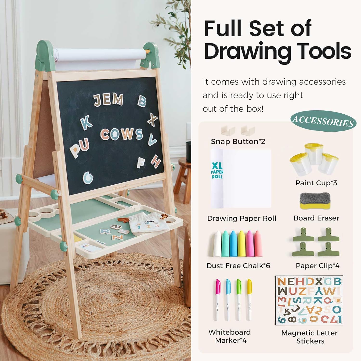 Thumbnail 1 de Tiny Land Easel for Kids: Double-Sided Magnetic Wooden Easel with Accessories (Adjustable, Ages 3–8)