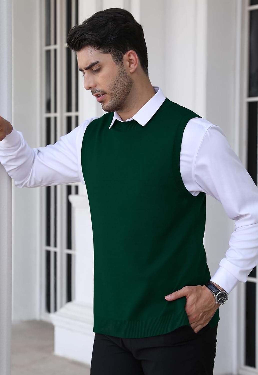 Detalle de KUYIGO Men's Sleeveless Vest: Classic Business Crew Neck Knitwear