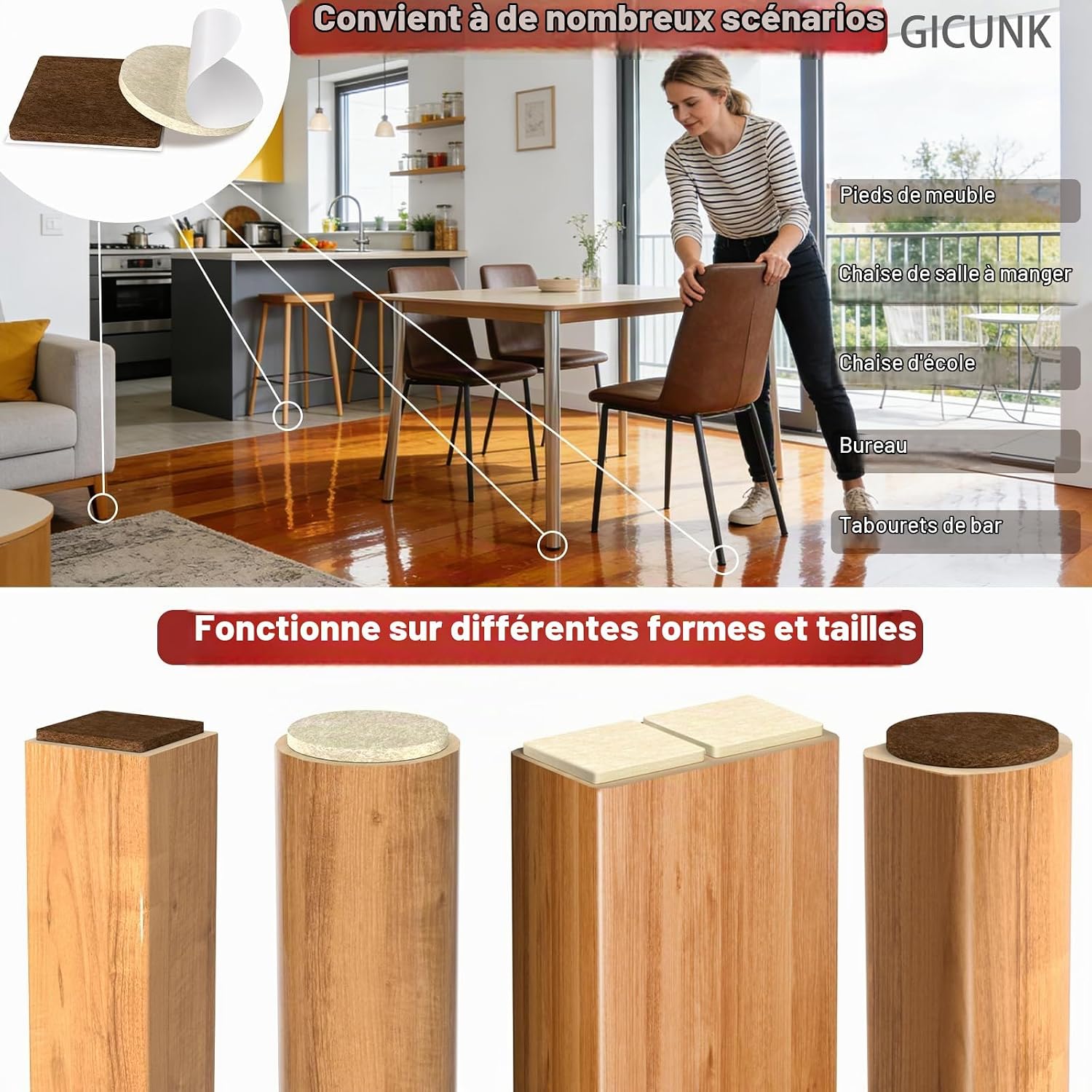Detalle de GICUNK D01 vilten meubelglijders, 88 stuks, 4 mm, bruin en zelfklevend