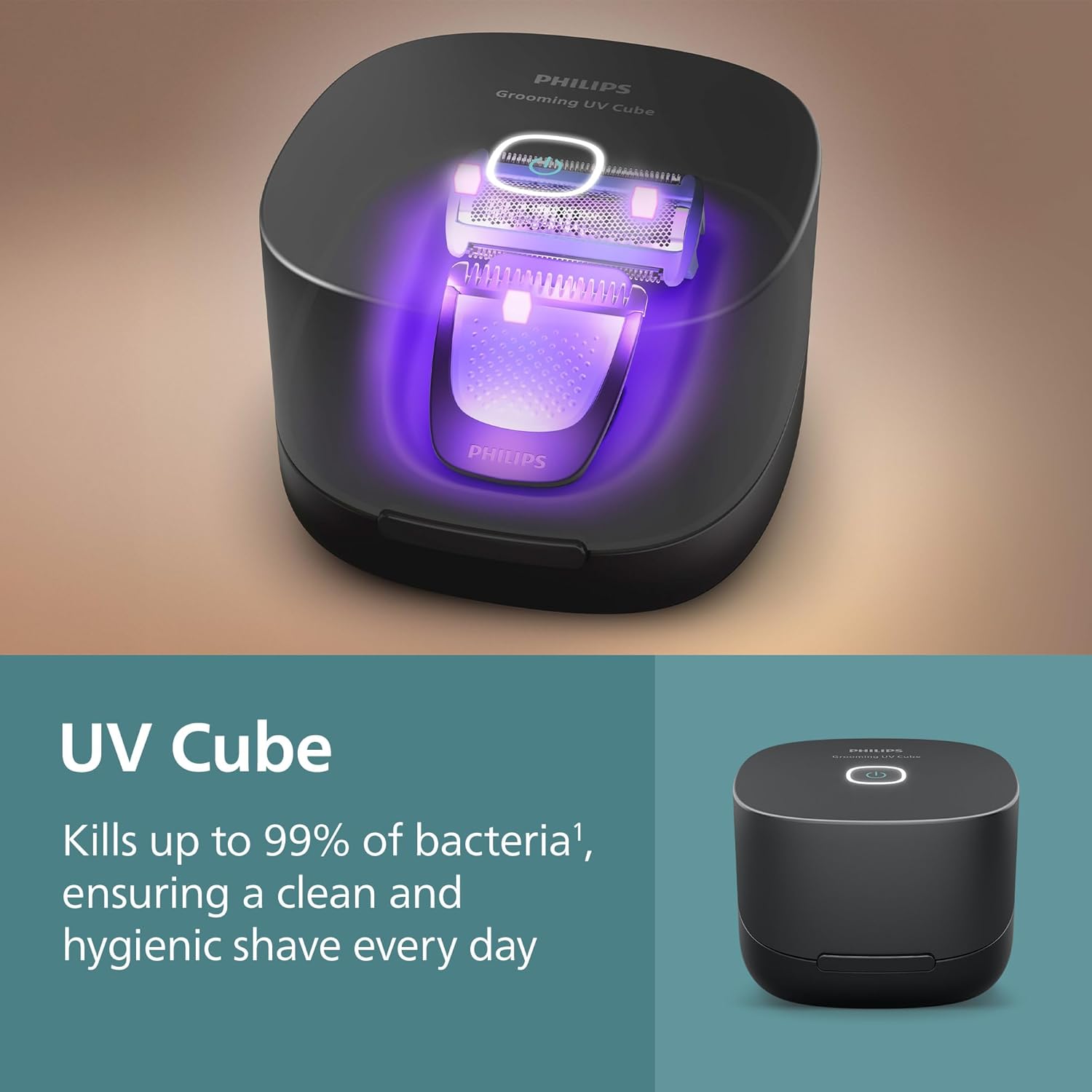 Detalle de Philips Norelco Body Groomer 9000 Series BG9485/50 with UV Sanitizer Cube, wet/dry body trimmer & back attachment