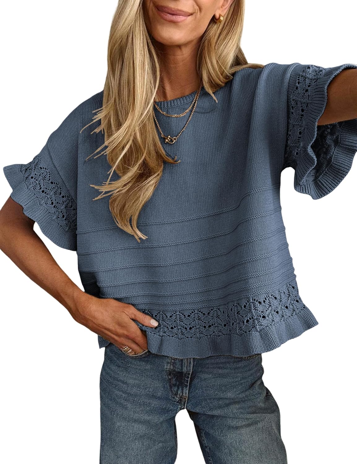 Detalle de Yeokou Womens Short Sleeve Knit Crochet Pullover with Round Neck and Ruffled Hem
