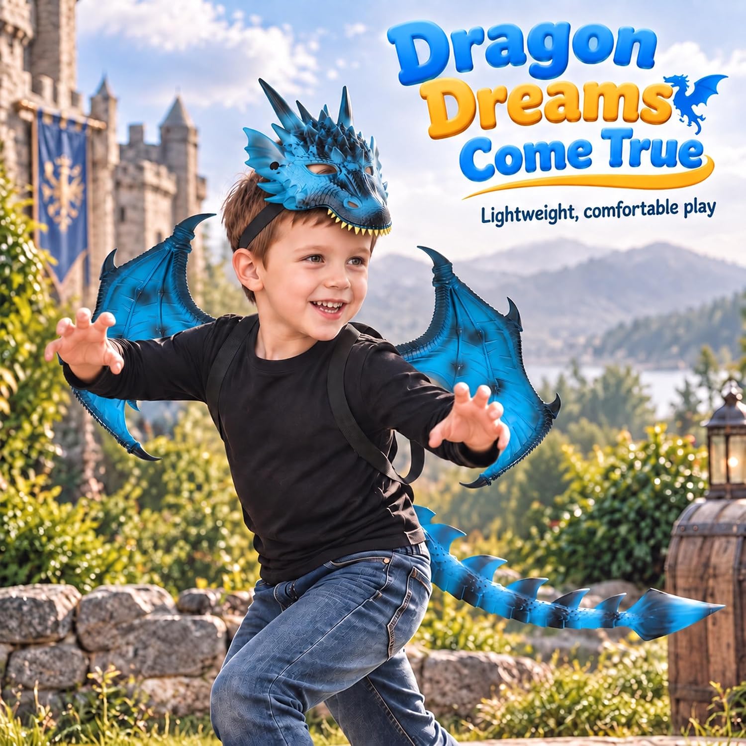 Detalle 1 de CRTEPST Dragon Costume for Kids, Ice Blue Mask, Wings and Tail