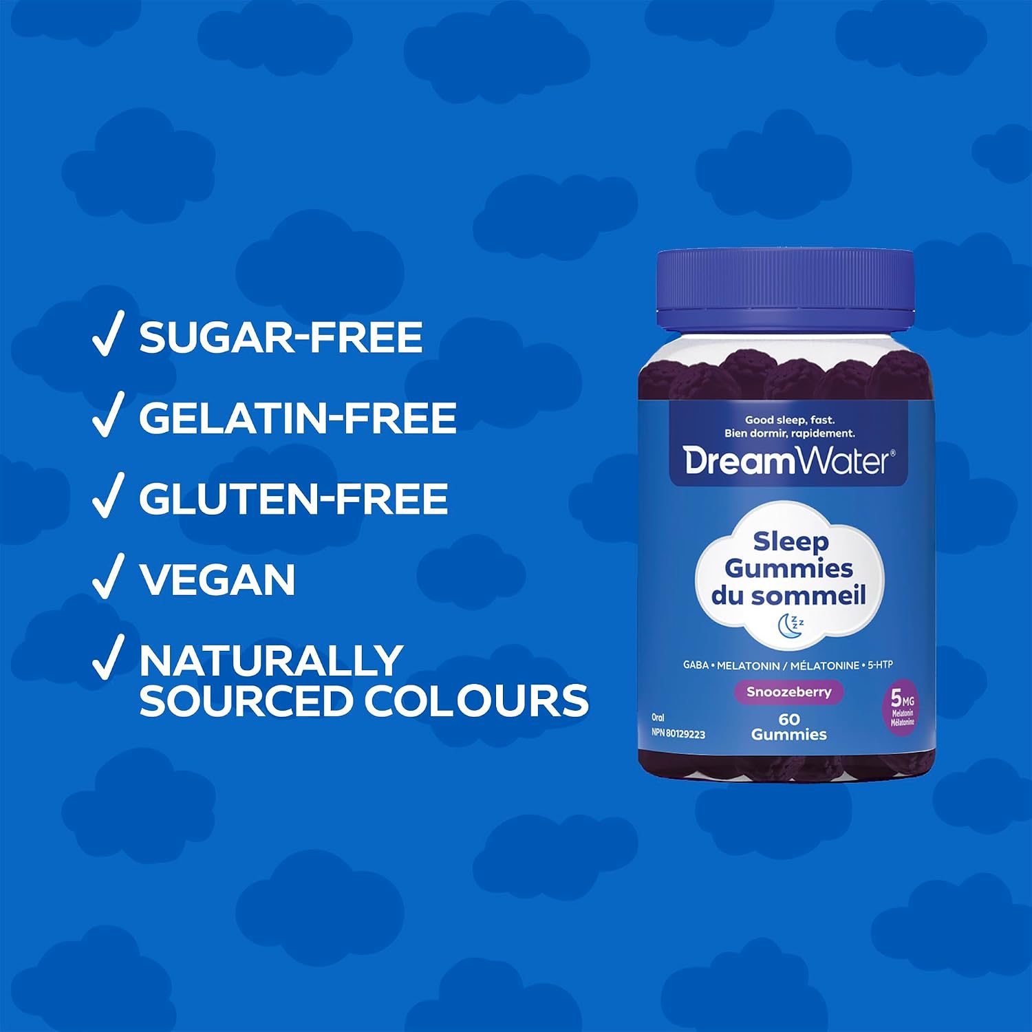 Detalle de Dream Water Snoozeberry Sleep Gummies with Melatonin, GABA & 5-HTP, 60 Count