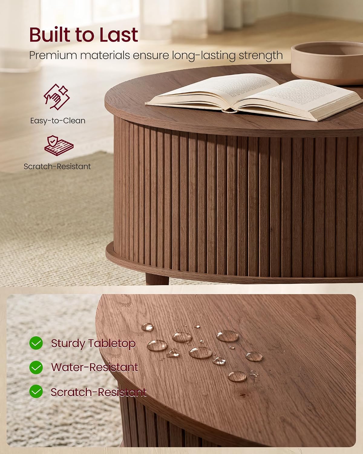 Detalle 2 de VASAGLE ULCT275K201 Round Lift-Top Coffee Table, Chestnut Brown, Fluted Design