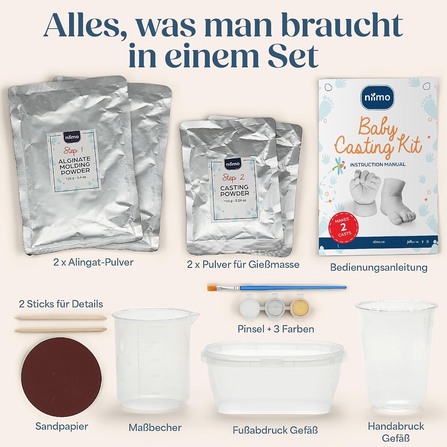 Detalle 1 de Niimo® 3D Gipsabdruck Baby Hand und Fuß – Set für detailgetreue Abdrucke als Geburtstags-/Taufgeschenk (0–9 Monate)