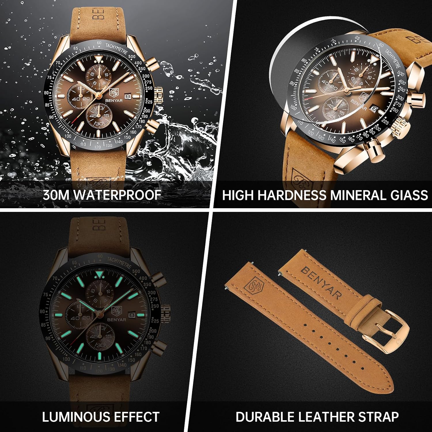 Detalle 2 de BENYAR BY-5140 Men's Analogue Quartz Chronograph Watch with Brown Leather Strap