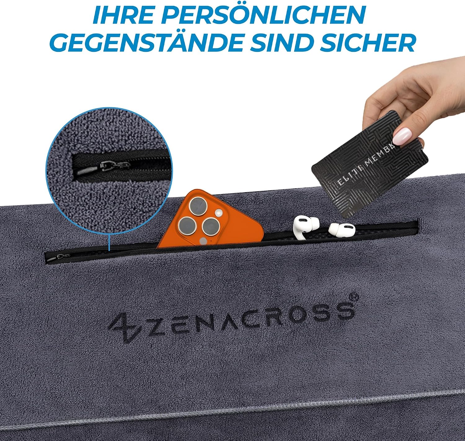 Detalle de ZENACROSS Fitness Handtuch Mikrofaser 120x50 mit Reißverschlusstasche – schnelltrocknend und hygienisch