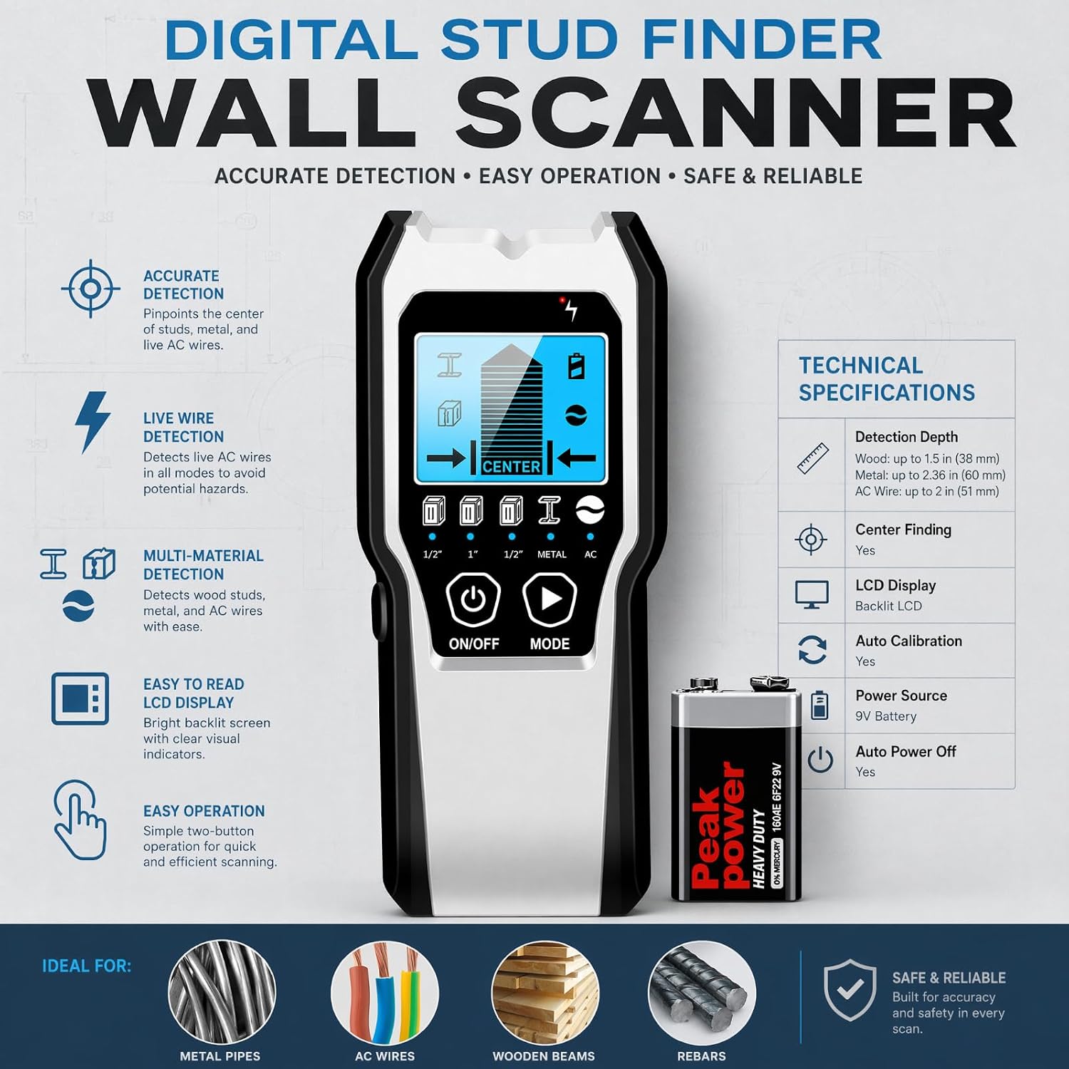 Thumbnail 2 de Upgraded FOLAI TH550 Stud Finder Wall Scanner – 5 in 1 Detector with LCD Display