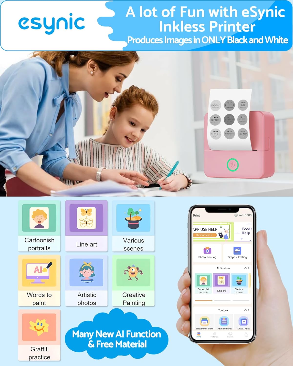 Detalle de eSynic Pink Mini Portable Thermal Printer: Pocket-Sized, Inkless Photo & Sticker Printer