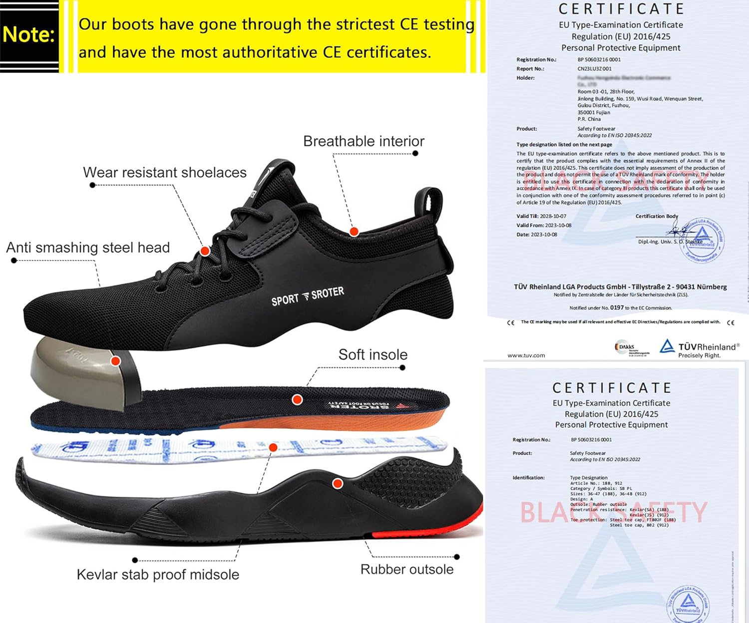 Thumbnail 4 de Black Safety Shoes Mens Safety Trainers with Steel Toe Cap and Kevlar Midsole