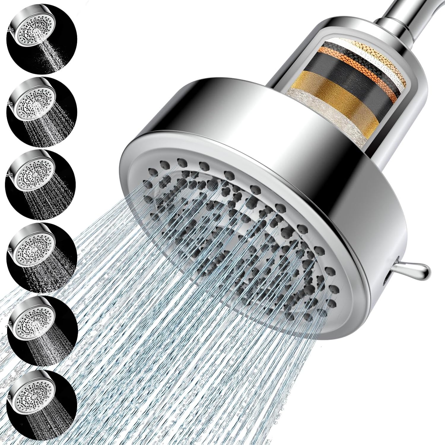 Detalle de High Pressure Fixed Rainfall Shower Head with Filter, 6 Mode Settings