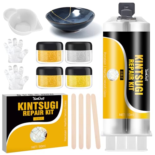 Detalle de Kintsugi Kit YumCraft: Kit Kintsugi con polvere d'oro e argento per ceramica e vetro
