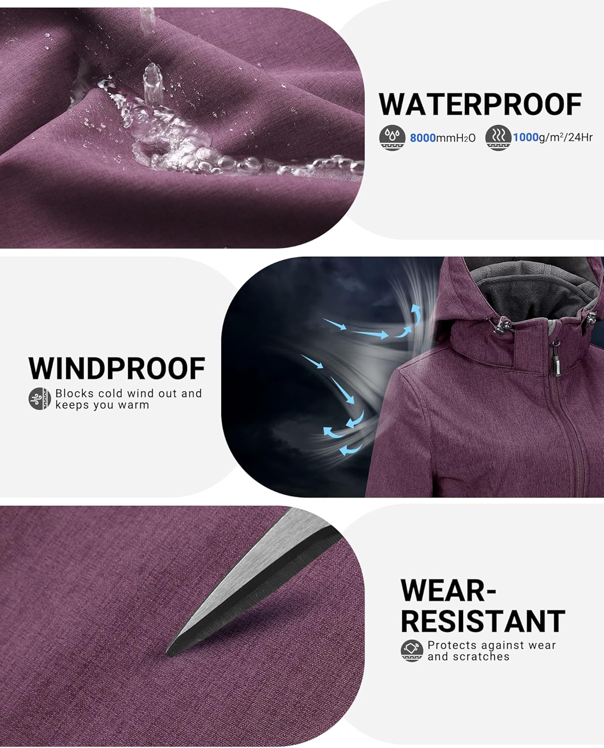 Detalle de Outdoor Ventures Damen Softshell Lange Jacke mit Kapuze – Fleece gefüttert, wind- und wasserdicht