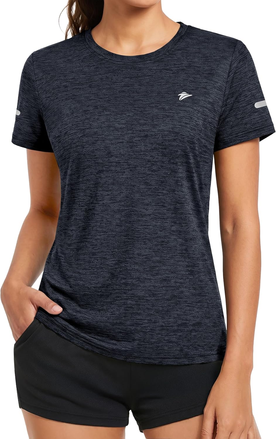 Detalle de KEFITEVD Melange Sportshirt Damen Kurzarm mit Reflextstreifen – atmungsaktiv, schnelltrocknend, Regular Fit