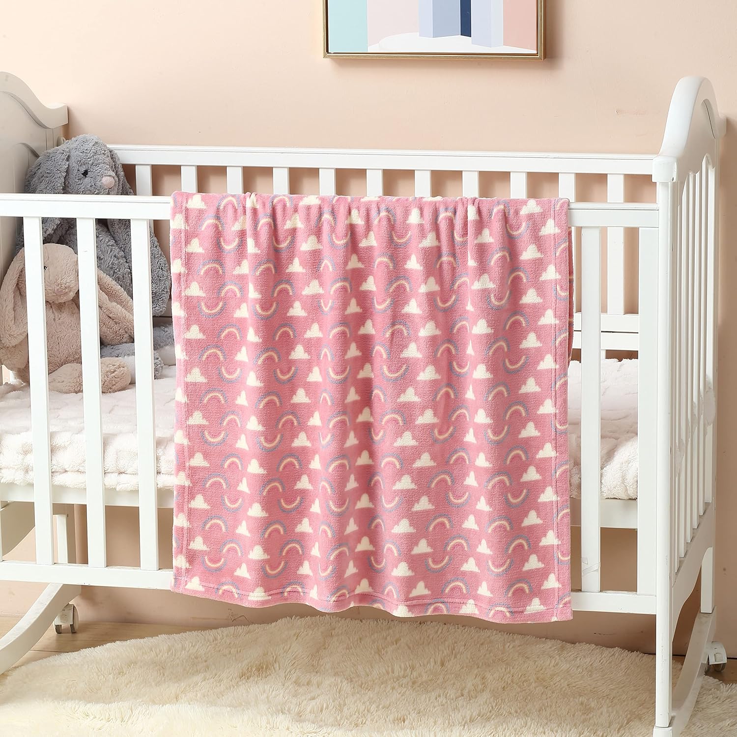 Thumbnail 2 de CREVENT 75cm x 100cm Cozy Fluffy Warm Fleece Baby Blanket (Coral Red Rainbow, White Cloud) for Unisex Infants