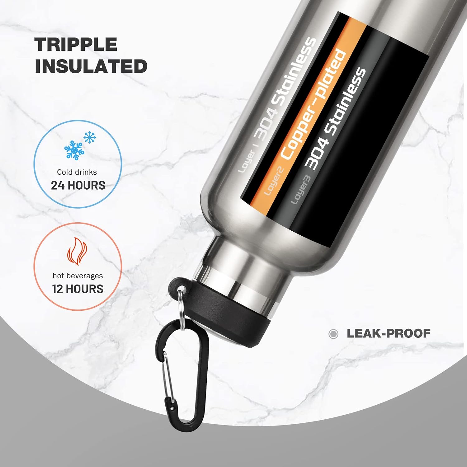 Detalle de FEIJIAN stainless steel vacuum water bottle (leak-proof, BPA-free) – 750ml/1000ml sports flask