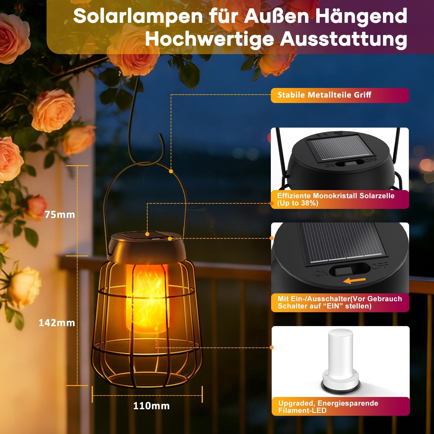Detalle de 2 lanterne solari con effetto fiamma reale per esterni, IP65 - decorazione elegante per giardino, balcone e terrazza