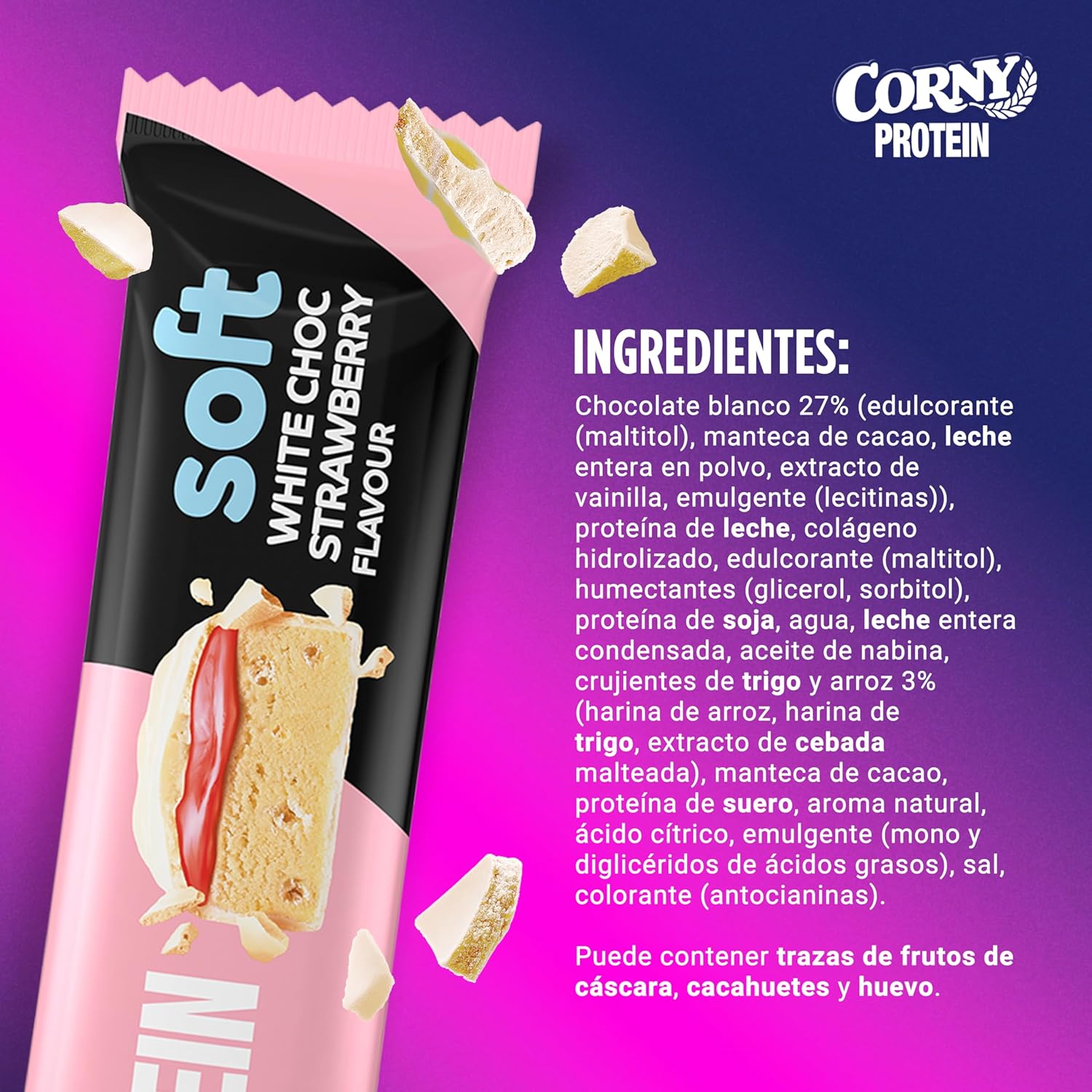 Detalle de Corny Protein Soft 🍫🌸 Barritas Proteicas Chocolate Blanco y Fresa, 30% Proteína