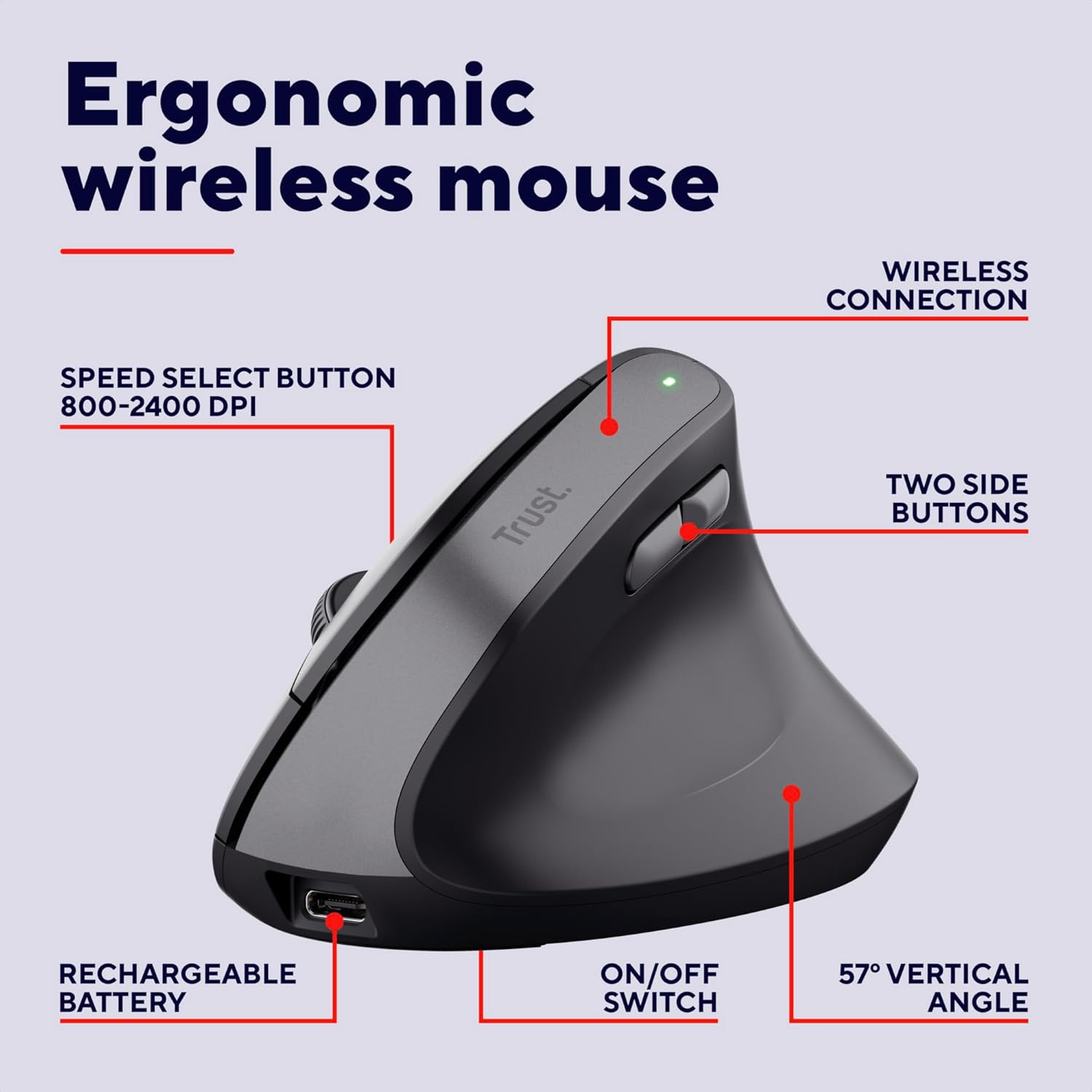 Thumbnail 1 de Trust Yuno Wireless Ergonomic Vertical Mouse (Rechargeable, 2.4GHz, 800–2400 DPI) – Black