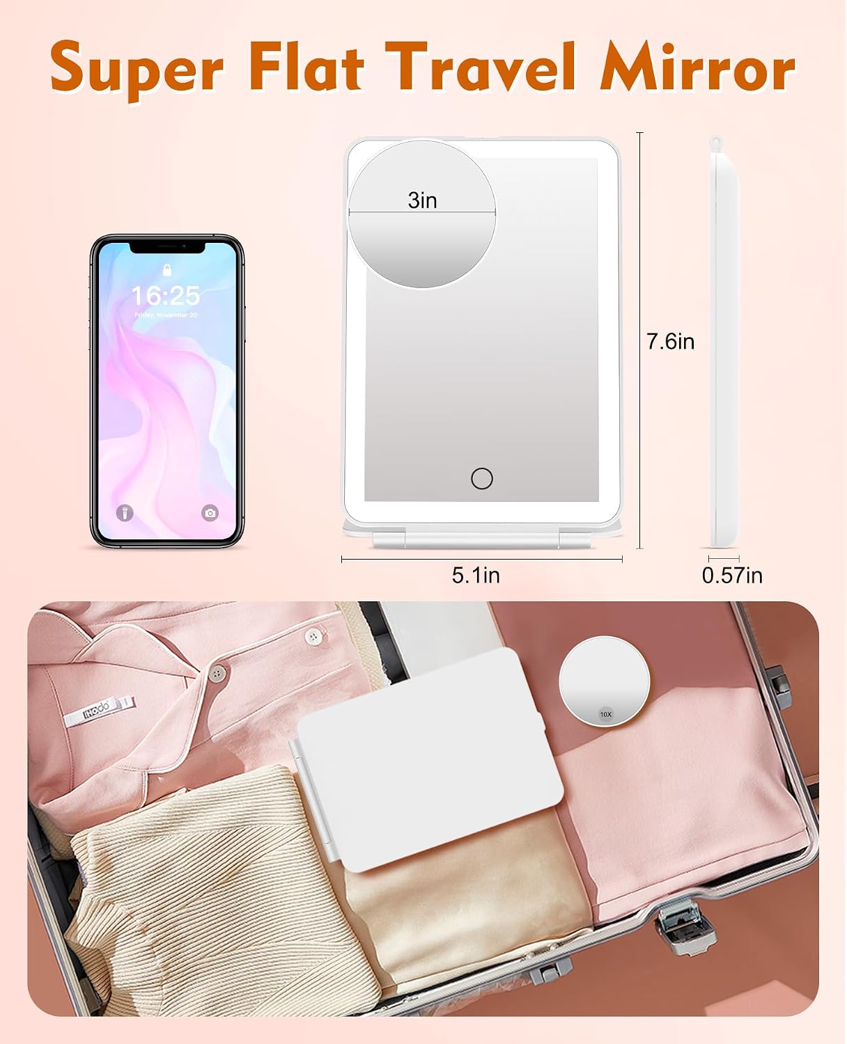 Detalle de FUNTOUCH Rechargeable Travel Makeup Mirror 2000mAh ๐