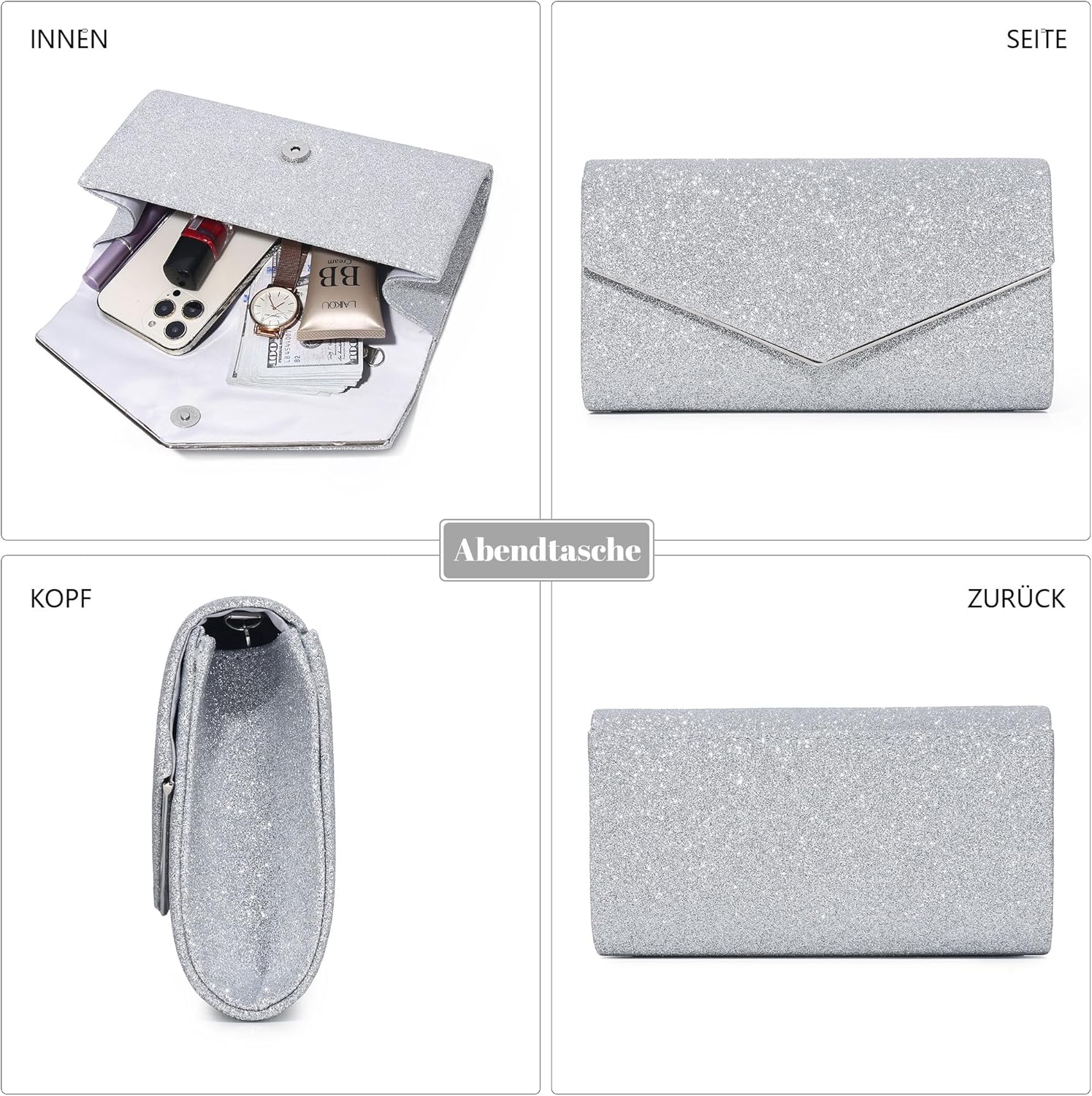 Detalle de Mooedcoe Glitzer Clutch Damen – Elegante silberne Abendtasche mit abnehmbarer Kette