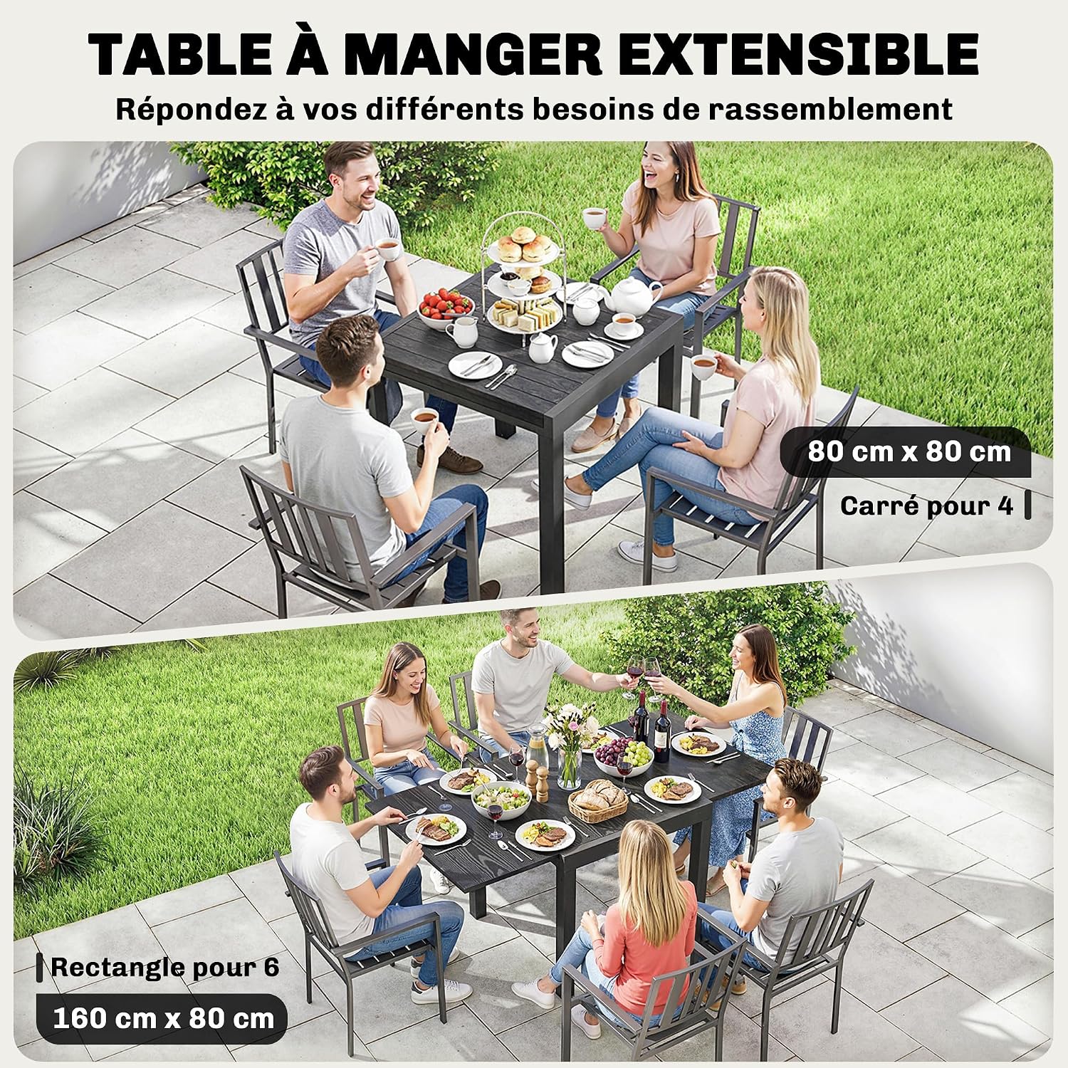 Detalle 2 de Outsunny 84K-001V00BK uitschuifbare tuintafel in aluminium met houtlook