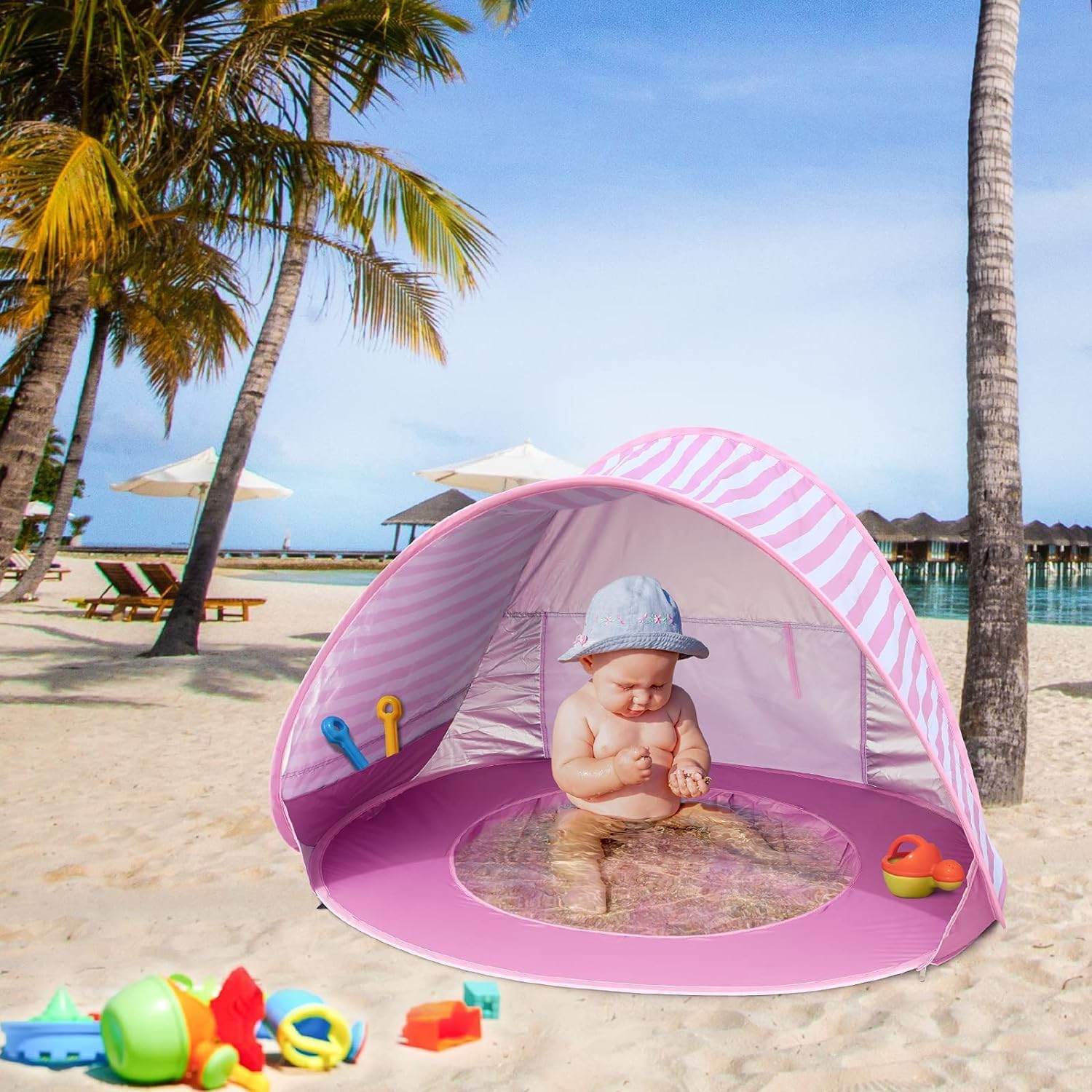 Detalle 2 de Pop Up Baby Beach Tent with Automatic Sun Shade & Mini Pool (Pink)
