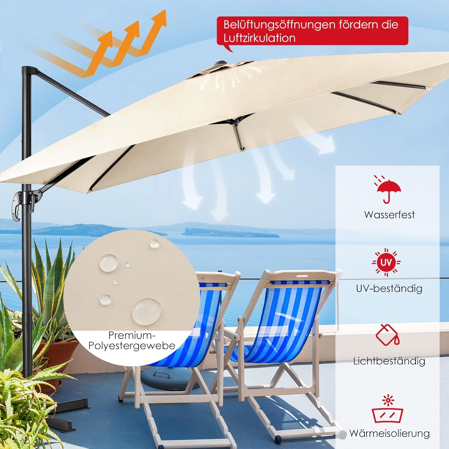 Thumbnail 2 de COSTWAY Sonnenschirm 300 × 300 cm quadratisch – Ampelschirm mit Kurbel, 360° Drehung, Neigbar, Beige