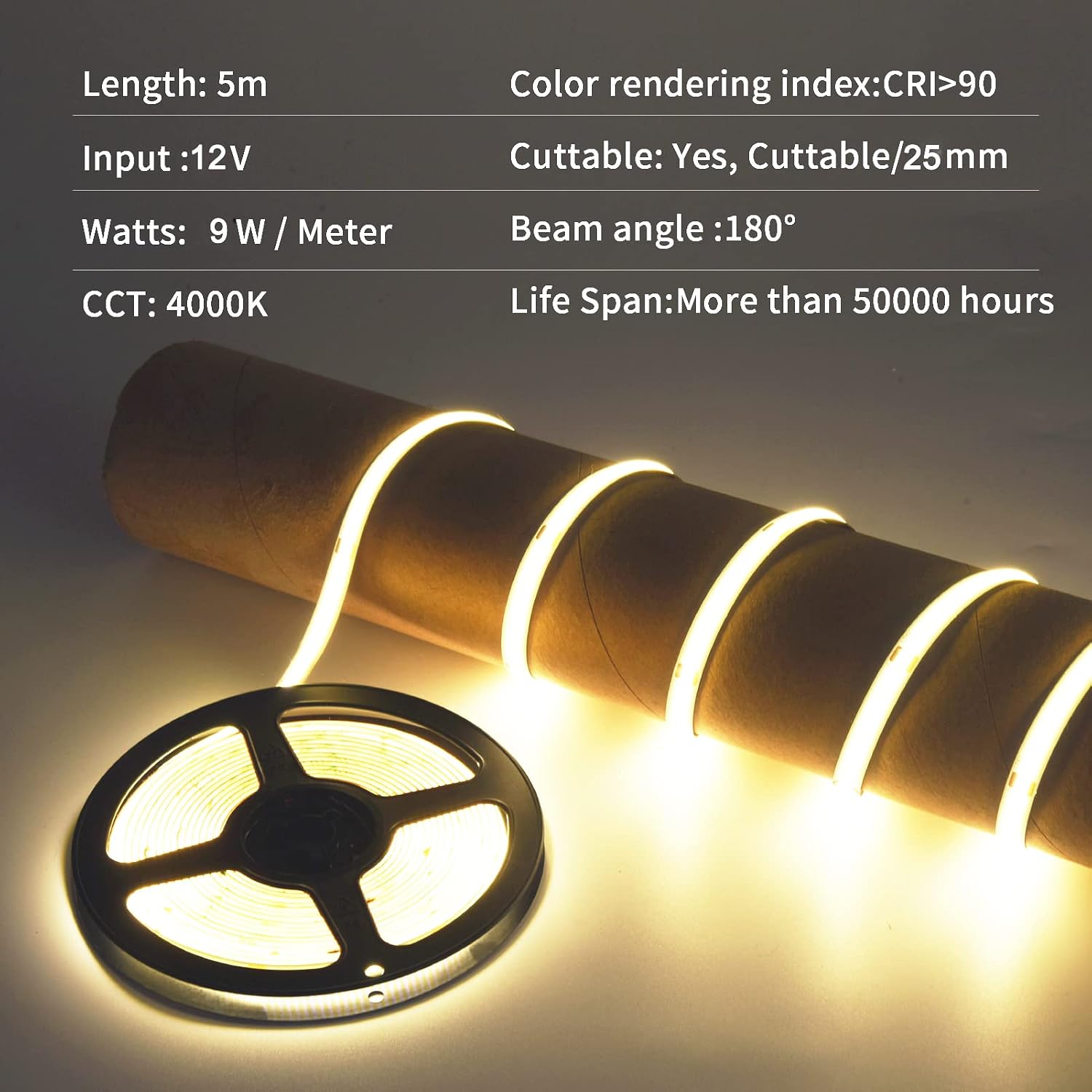 Thumbnail 3 de SIRYYUI 12V COB LED Strip Light 2x5m (480 LEDs/m) in 4000K, CRI 90+ — no power supply