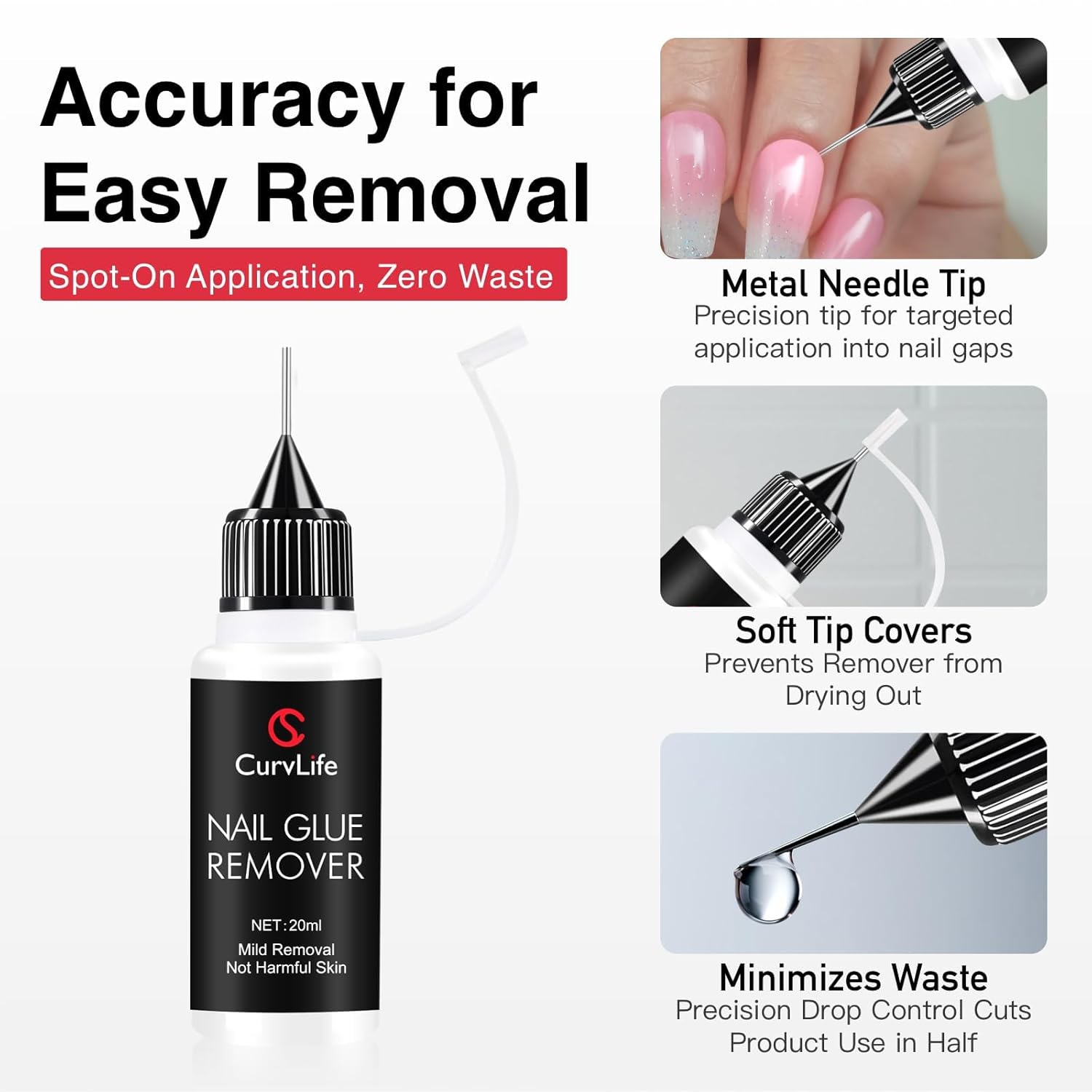 Detalle 2 de Curvlife 20ml Pinpoint Nail Glue Remover for Press On Nails – Gentle, Non-Acetone Solution