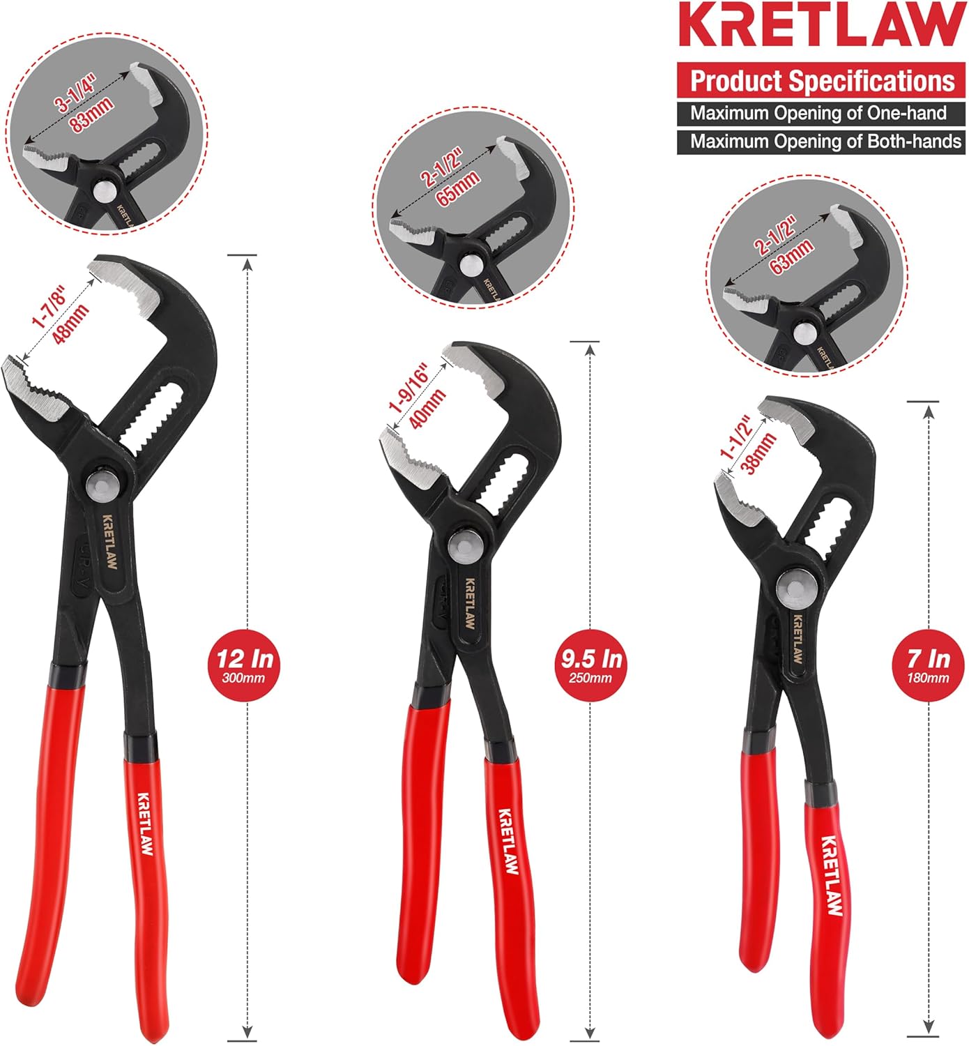 Thumbnail 2 de KRETLAW 3-Piece Groove Joint Pliers Set (180mm, 250mm & 300mm) with quick-adjust push-lock
